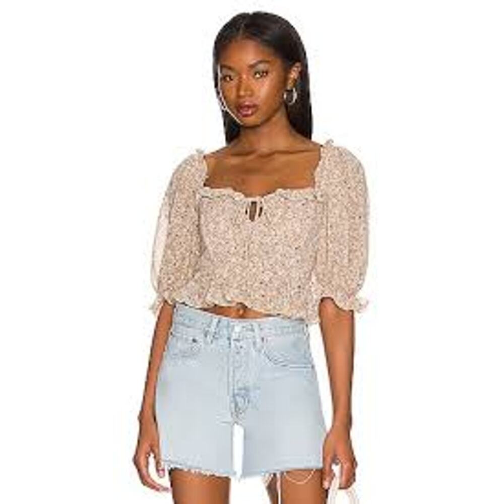 Revolve ASTR the Label Floral Puff Sleeve Crop Top Smocked Back S Taupe Multi